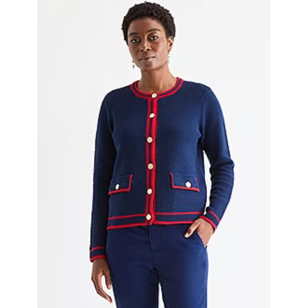St. John's Bay Navy Blue Red Button Up Nautical Cardigan Knit Sweater Women's XS - Picture 2 of 9